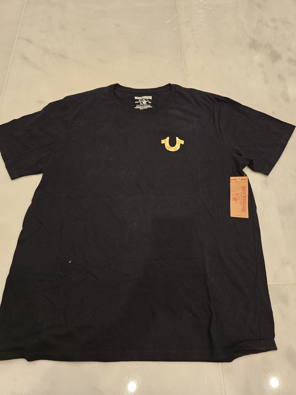 True Religion Black Tee with Gold Horseshoe Logo